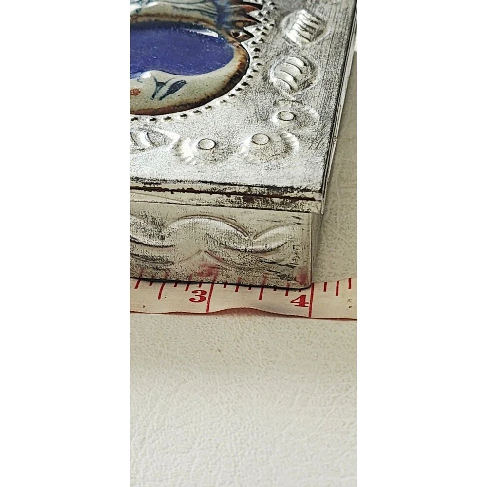 Vintage Celestial Moon Sun Pottery Aluminum Jewelry Trinket Box RARE